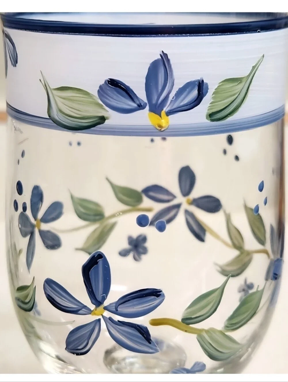 Vintage Hand Painted Blue Floral Glass Goblets Set of 3 Summer Breeze Style